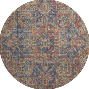 HomeRoots 8' Red and Blue Oriental Round Rug - Stylish, Washable, UV-Protected for Kids, Pets, and Home Use 649759
