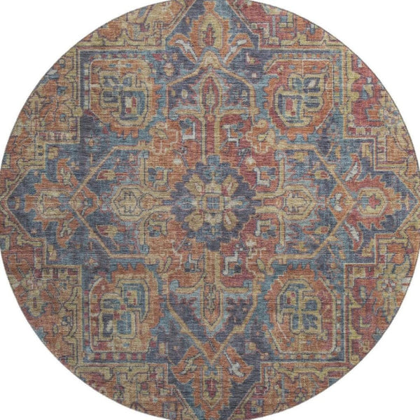 HomeRoots 8' Red and Blue Oriental Round Rug - Stylish, Washable, UV-Protected for Kids, Pets, and Home Use 649759