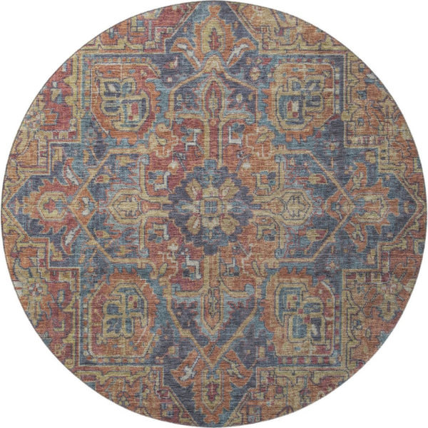 HomeRoots 8' Red and Blue Oriental Round Rug - Stylish, Washable, UV-Protected for Kids, Pets, and Home Use 649759