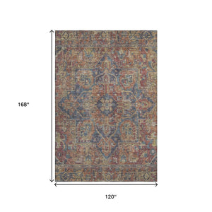HomeRoots 10' X 14' Red and Blue Oriental Area Rug - Washable, Stain Resistant, UV Protected for Daily Use 649762