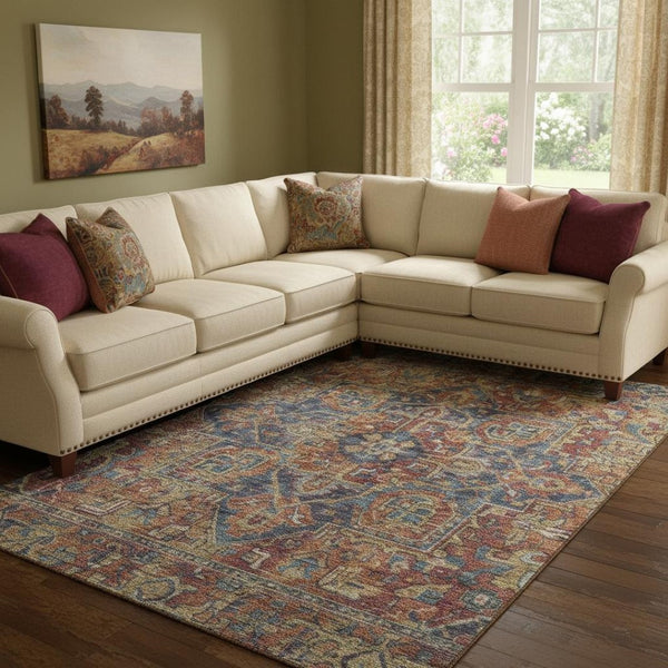 HomeRoots 10' X 14' Red and Blue Oriental Area Rug - Washable, Stain Resistant, UV Protected for Daily Use 649762