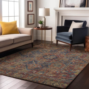 HomeRoots 10' X 14' Red and Blue Oriental Area Rug - Washable, Stain Resistant, UV Protected for Daily Use 649762