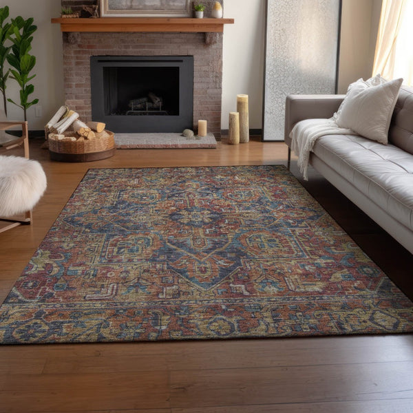 HomeRoots 10' X 14' Red and Blue Oriental Area Rug - Washable, Stain Resistant, UV Protected for Daily Use 649762