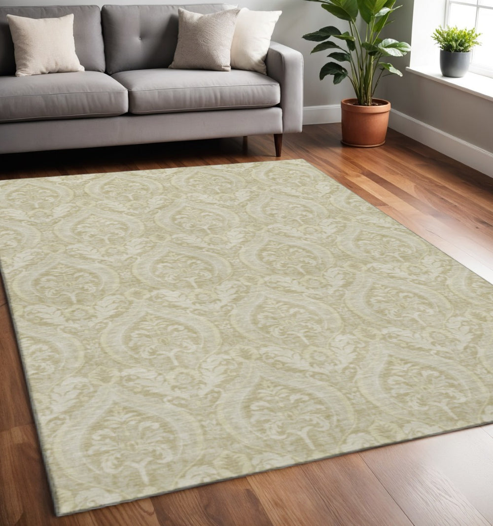 HomeRoots 5' X 8' Beige and Ivory Floral Washable Area Rug with UV Protection for Busy Homes and Pets 649770