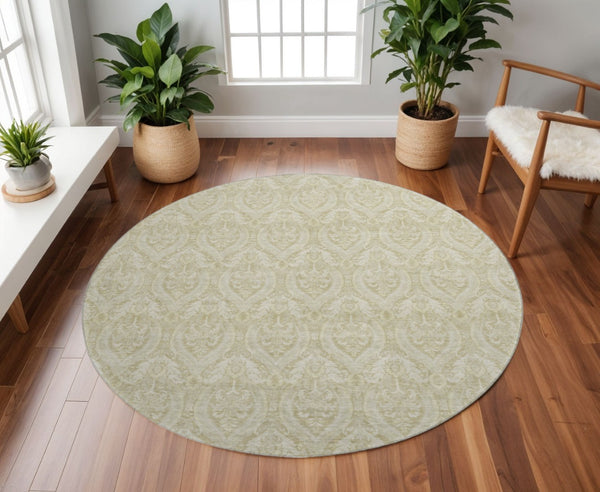 HomeRoots 8' Beige and Ivory Floral Round Rug - Stylish, Washable, UV-Protected, Stain-Resistant Home Decor 649771