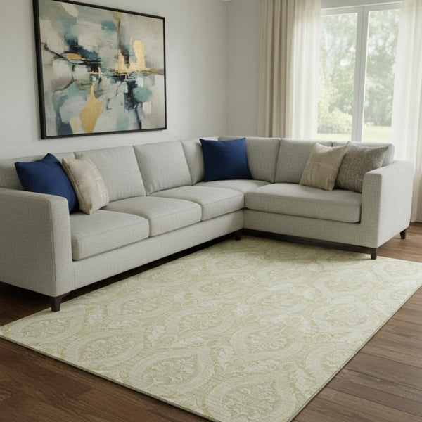 HomeRoots 9' X 12' Beige And Ivory Floral Area Rug - Washable, UV Protected, Stain-Resistant, Durable Design 649773