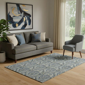 HomeRoots 5' X 8' Blue and Ivory Floral Area Rug - Durable, Washable, UV-Protected, Ideal for Homes with Kids & Pets 649776