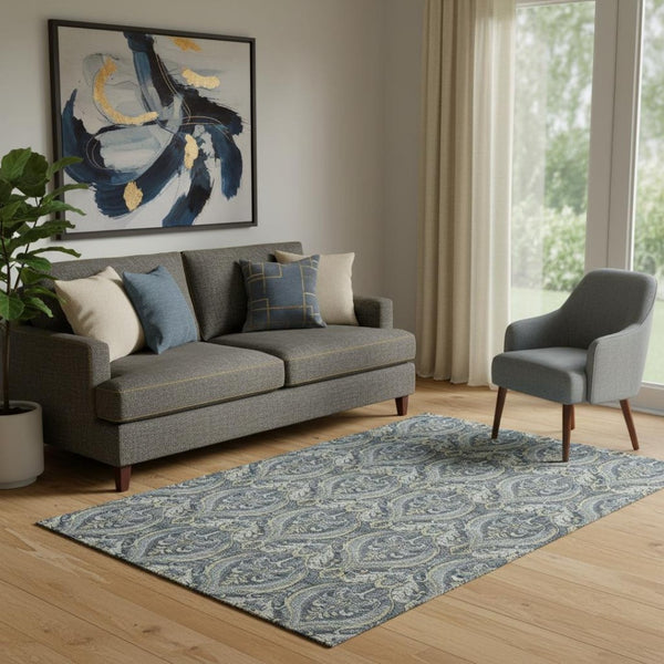 HomeRoots 5' X 8' Blue and Ivory Floral Area Rug - Durable, Washable, UV-Protected, Ideal for Homes with Kids & Pets 649776