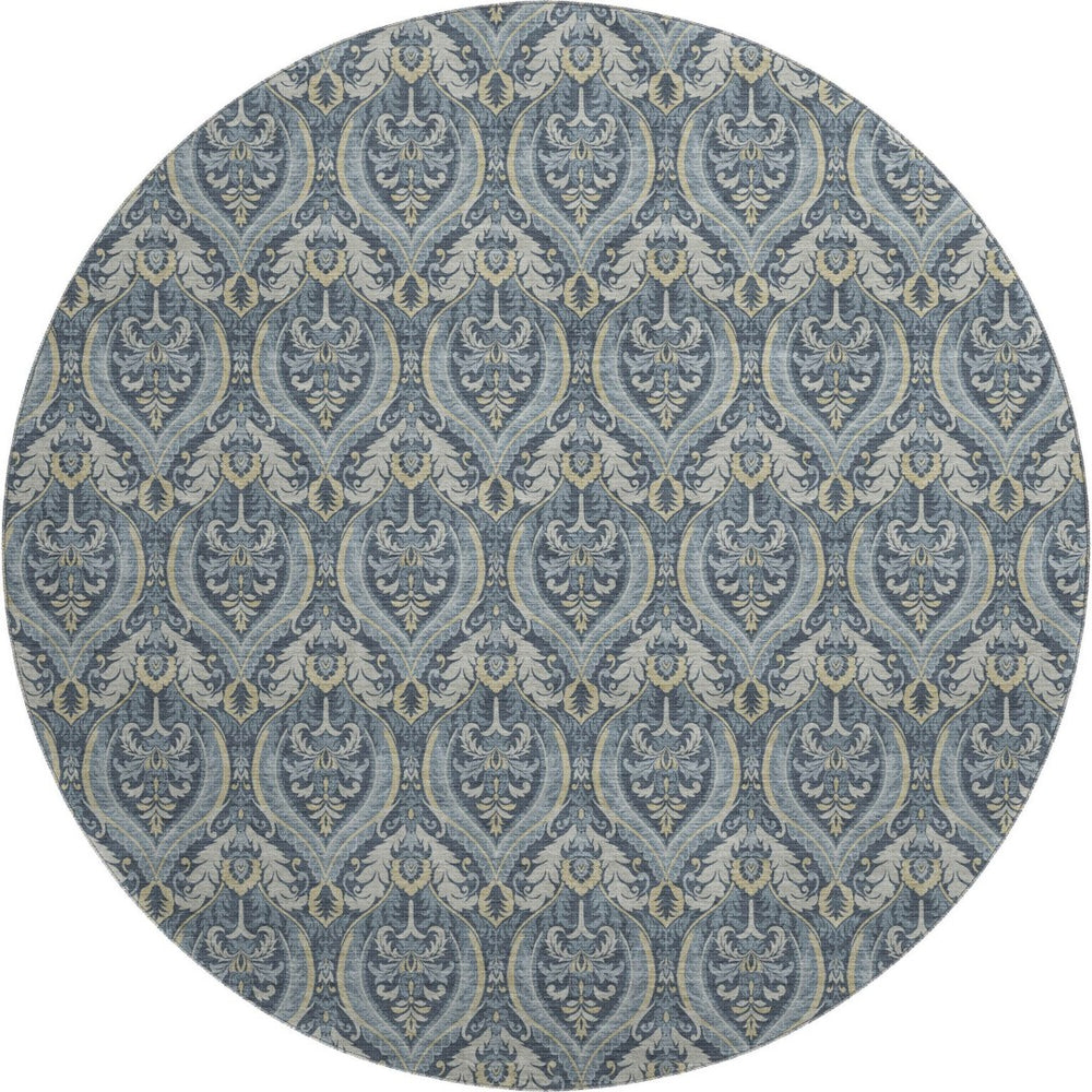 HomeRoots 8' Blue And Ivory Floral Round Rug – Washable, UV Protected, Durable, Ideal for Homes with Kids & Pets 649777