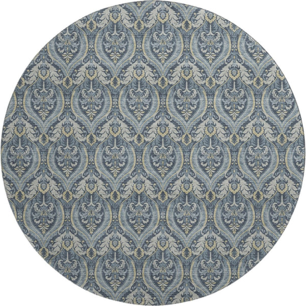 HomeRoots 8' Blue And Ivory Floral Round Rug – Washable, UV Protected, Durable, Ideal for Homes with Kids & Pets 649777