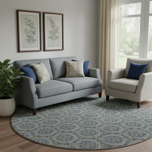 HomeRoots 8' Blue And Ivory Floral Round Rug – Washable, UV Protected, Durable, Ideal for Homes with Kids & Pets 649777