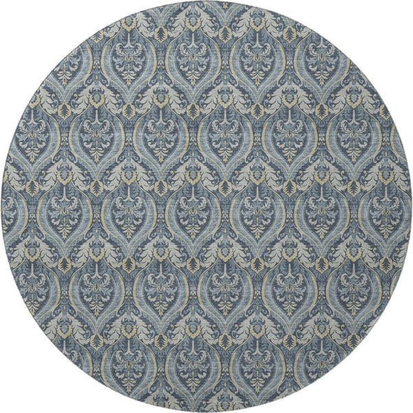 HomeRoots 8' Blue And Ivory Floral Round Rug – Washable, UV Protected, Durable, Ideal for Homes with Kids & Pets 649777