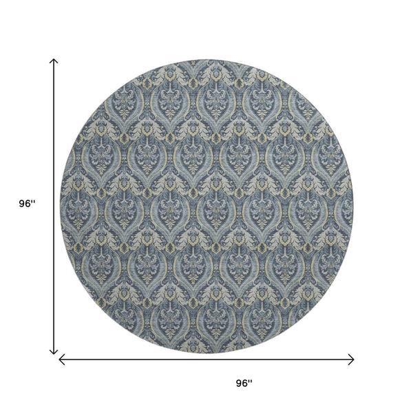 HomeRoots 8' Blue And Ivory Floral Round Rug – Washable, UV Protected, Durable, Ideal for Homes with Kids & Pets 649777