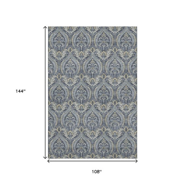 HomeRoots 9' X 12' Floral Area Rug in Blue & Ivory - Washable, Durable, UV Protected for High-Traffic Areas 649779