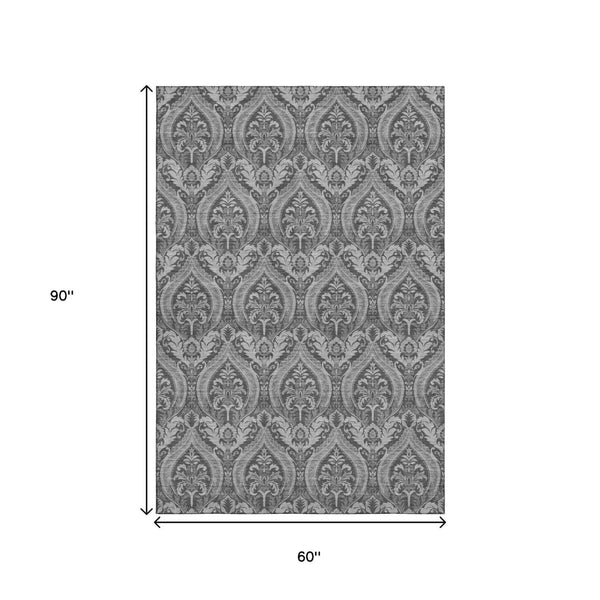 HomeRoots 5' X 8' Gray and Ivory Floral Area Rug - Washable, UV Protected, Stain-Resistant, Non-Slip Backing 649782