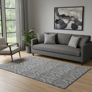 HomeRoots 5' X 8' Gray and Ivory Floral Area Rug - Washable, UV Protected, Stain-Resistant, Non-Slip Backing 649782