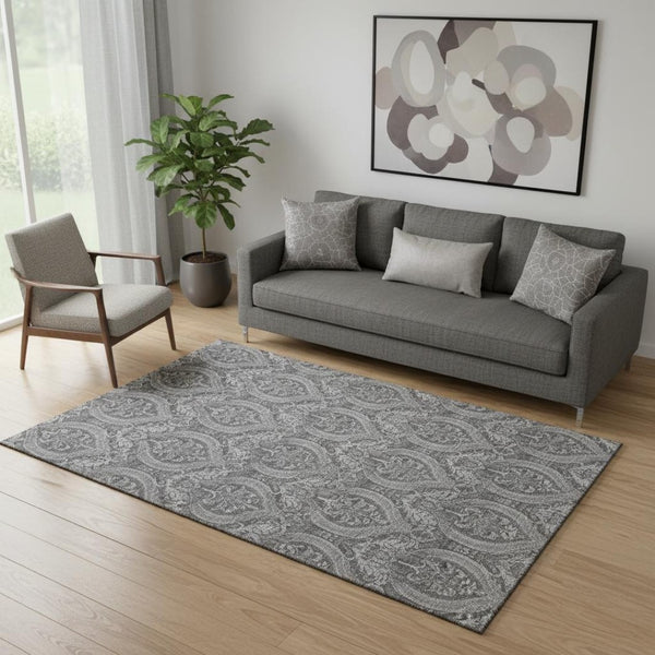 HomeRoots 5' X 8' Gray and Ivory Floral Area Rug - Washable, UV Protected, Stain-Resistant, Non-Slip Backing 649782