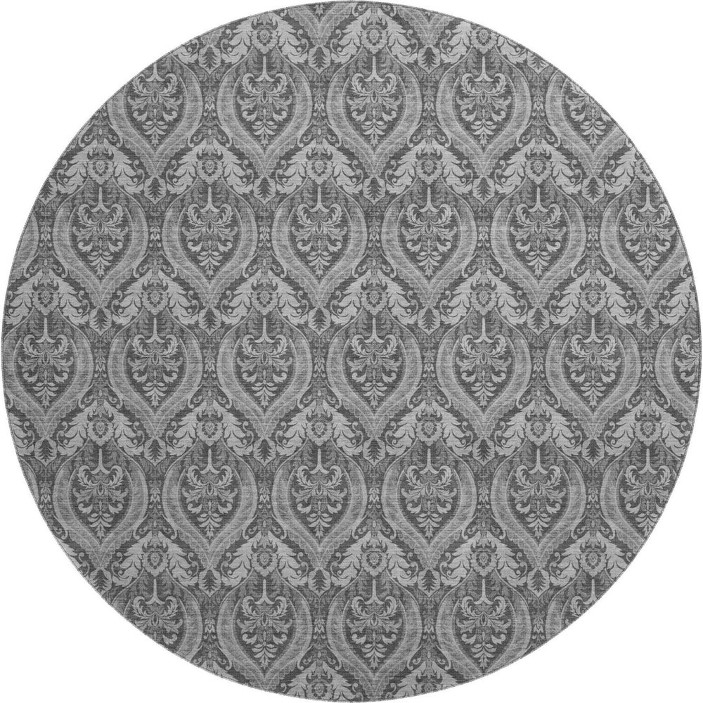 HomeRoots 8' Gray And Ivory Floral Washable Round Rug – Durable, Stylish, UV-Protected for High-Traffic Areas 649783