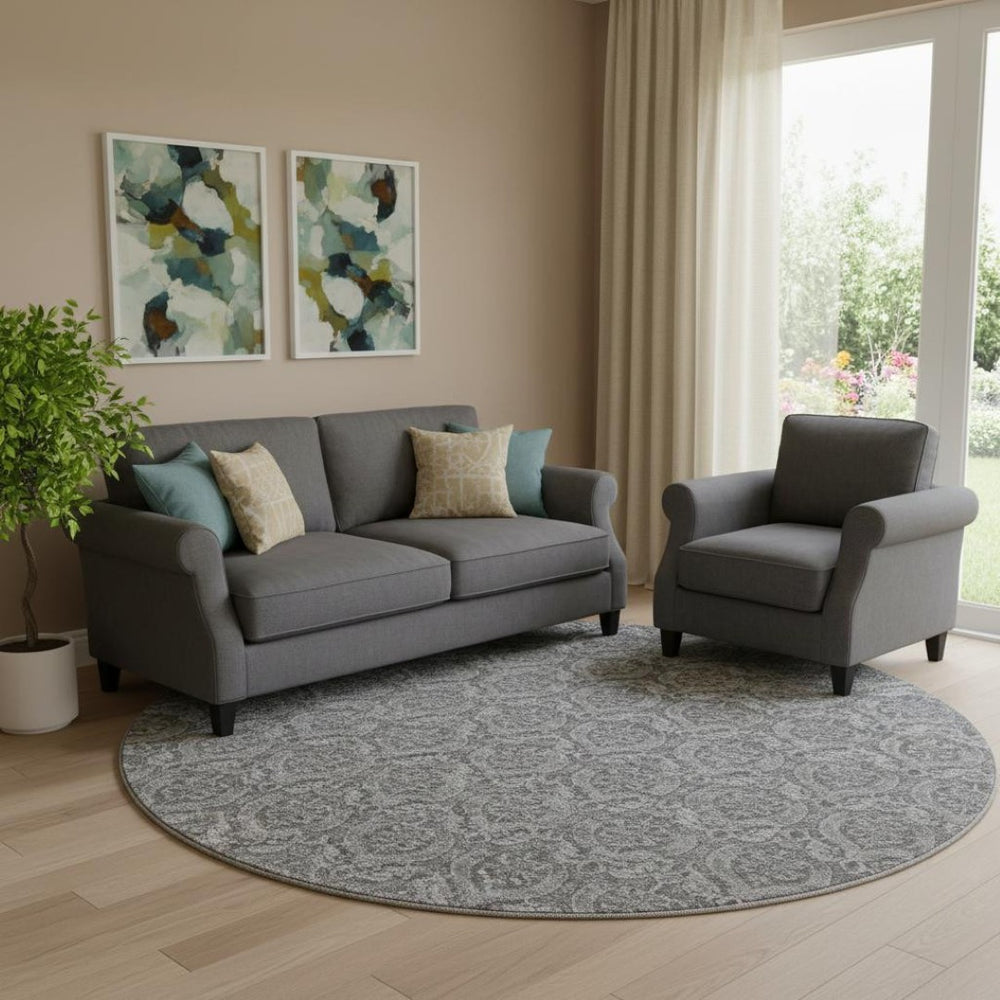 HomeRoots 8' Gray And Ivory Floral Washable Round Rug – Durable, Stylish, UV-Protected for High-Traffic Areas 649783