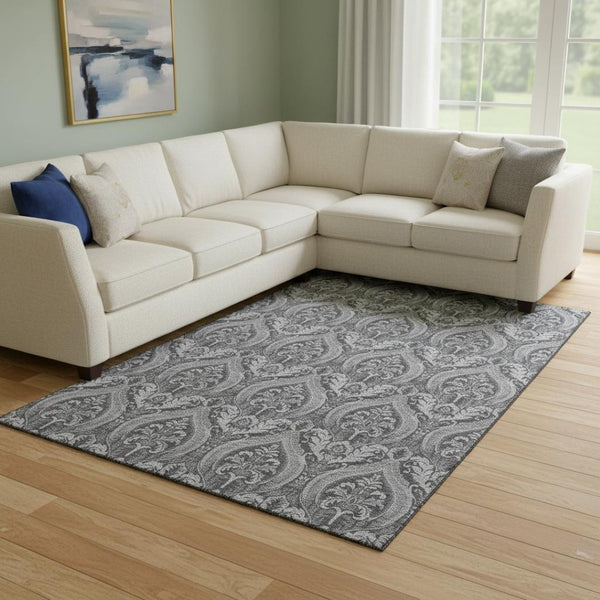 HomeRoots 8' X 10' Stylish Gray and Ivory Floral Washable Area Rug with UV Protection for Busy Homes 649784