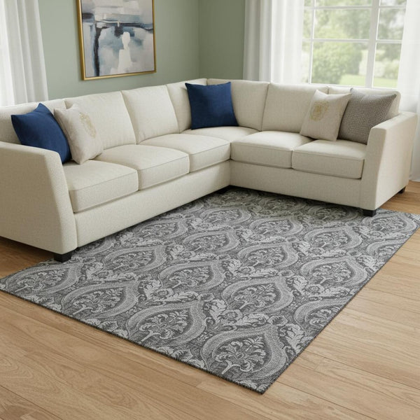 HomeRoots 10' Gray and Ivory Floral Area Rug - Washable, UV-Protected, Durable Design for High-Traffic Spaces 649786