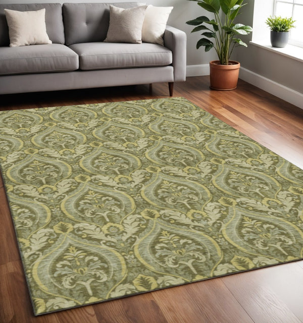HomeRoots 5' X 8' Green And Ivory Floral Area Rug - Washable, UV Protected, Durable for Busy Homes & Kids 649788