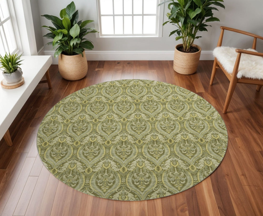HomeRoots 8' Green And Ivory Floral Washable Round Rug - Durable, Stylish, UV-Protected for High-Traffic Areas 649789