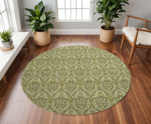 HomeRoots 8' Green And Ivory Floral Washable Round Rug - Durable, Stylish, UV-Protected for High-Traffic Areas 649789