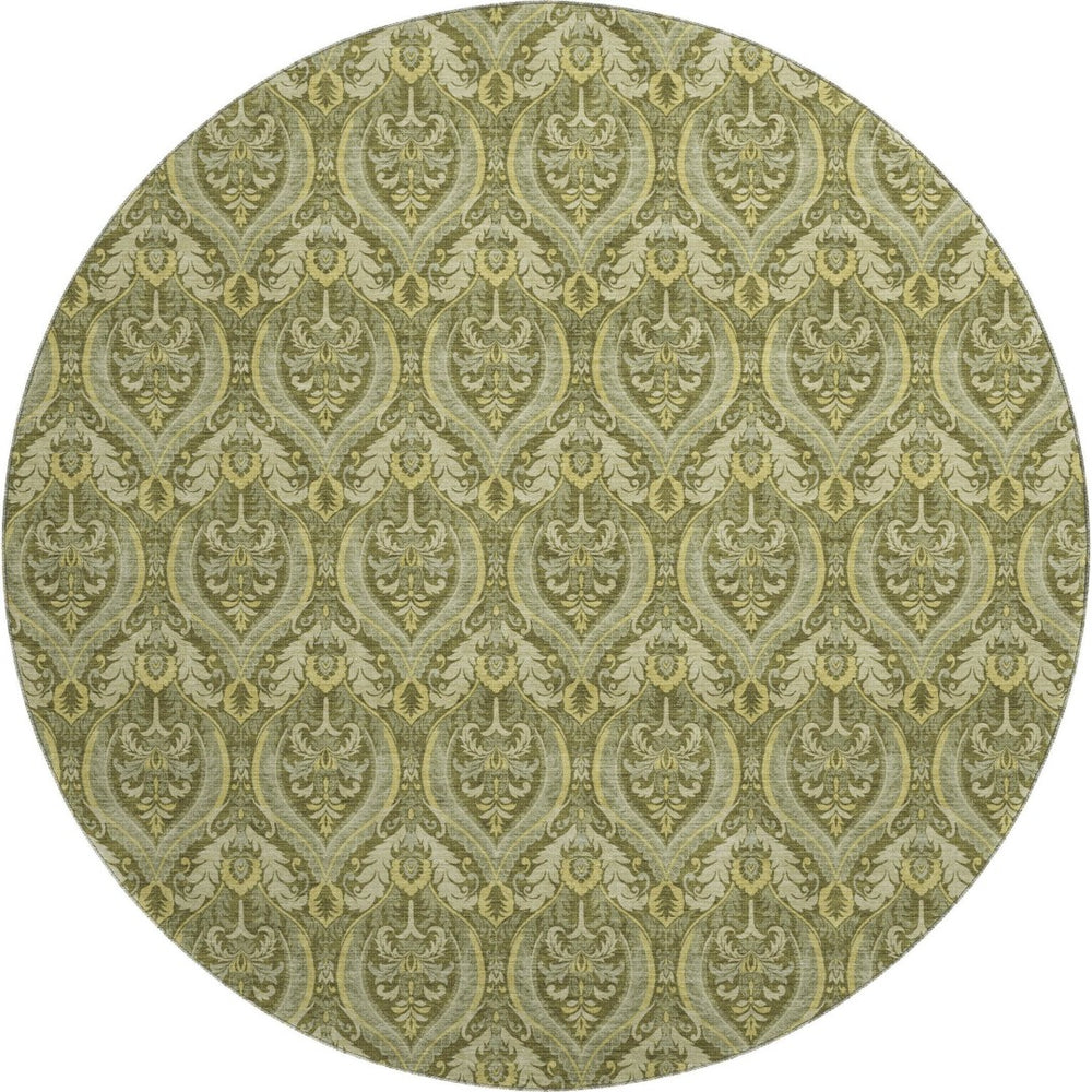 HomeRoots 8' Green And Ivory Floral Washable Round Rug - Durable, Stylish, UV-Protected for High-Traffic Areas 649789
