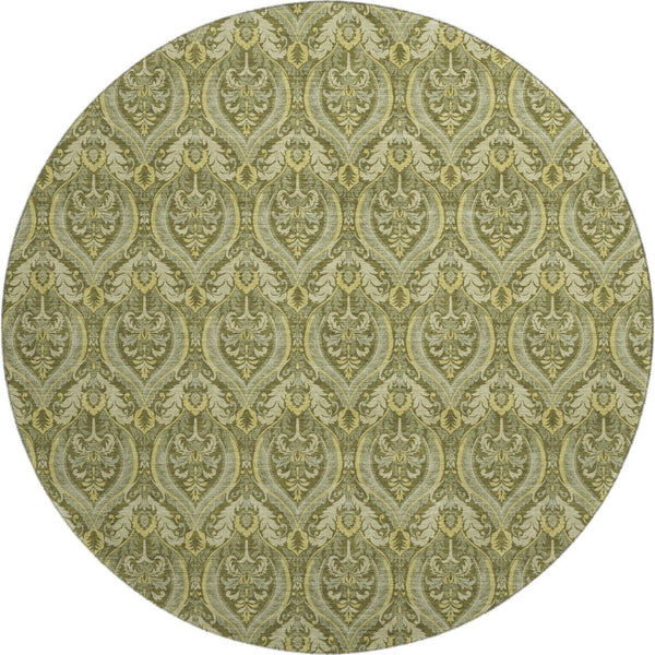 HomeRoots 8' Green And Ivory Floral Washable Round Rug - Durable, Stylish, UV-Protected for High-Traffic Areas 649789