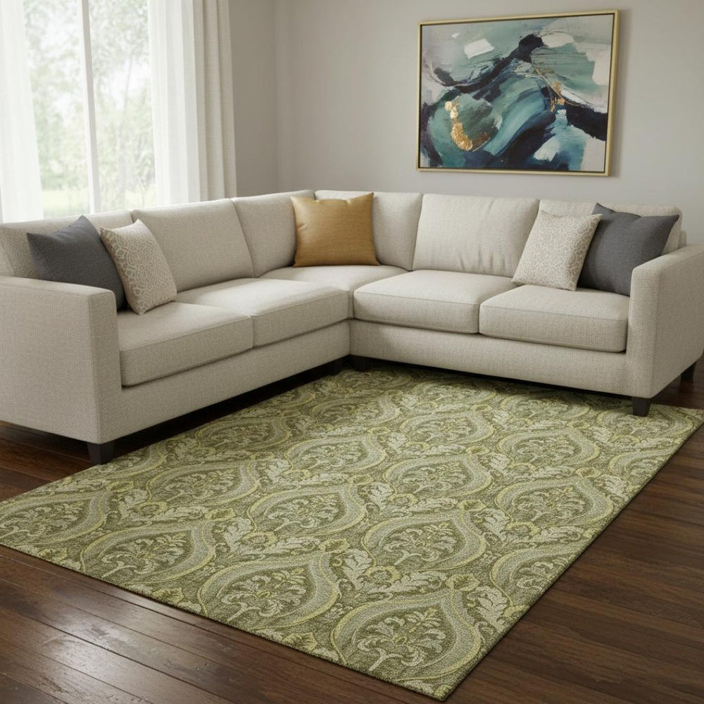 HomeRoots 8' X 10' Elegant Green and Ivory Floral Area Rug - Washable, UV-Protected, Perfect for High-Traffic Spaces 649790