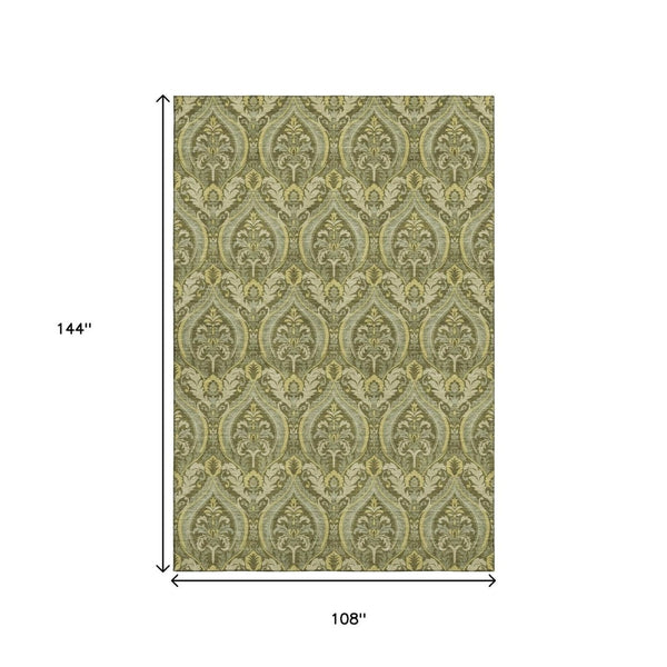 HomeRoots 9' X 12' Elegant Green and Ivory Floral Washable Area Rug with Stain Resistance and UV Protection 649791