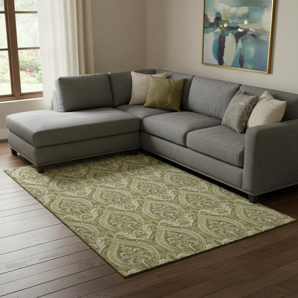 HomeRoots 9' X 12' Elegant Green and Ivory Floral Washable Area Rug with Stain Resistance and UV Protection 649791