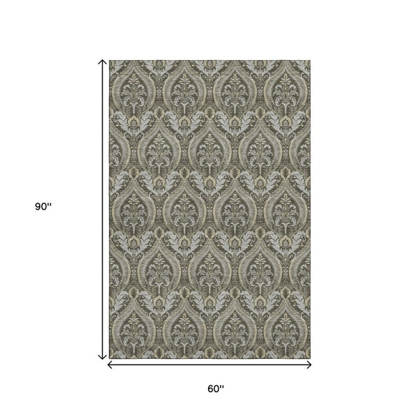 HomeRoots 5' X 8' Elegant Taupe & Ivory Floral Area Rug - Washable, UV Protected, Ideal for Busy Homes 649794