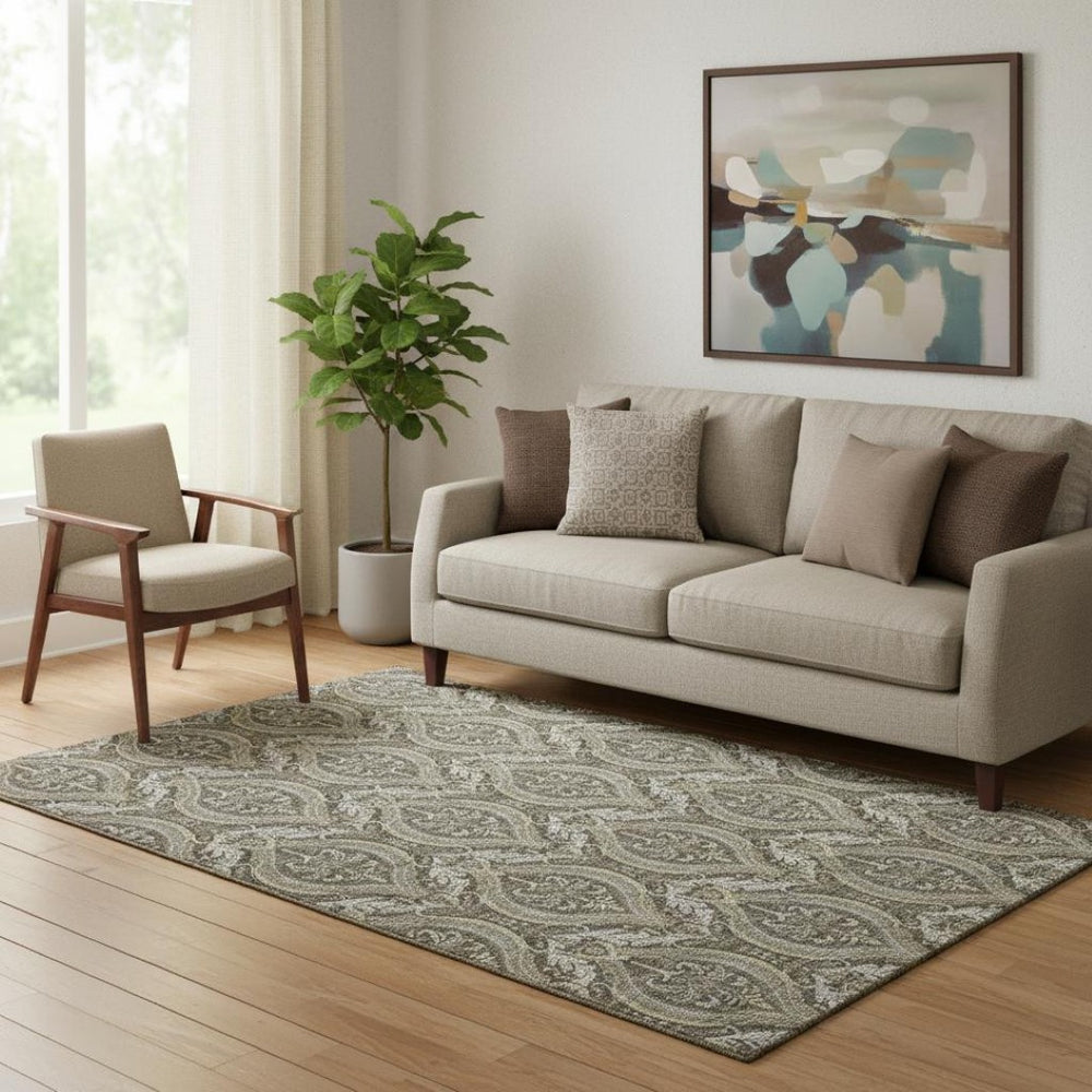 HomeRoots 5' X 8' Elegant Taupe & Ivory Floral Area Rug - Washable, UV Protected, Ideal for Busy Homes 649794