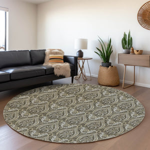 HomeRoots 8' Taupe and Ivory Floral Round Rug - Washable, UV-Protected, Stain-Resistant for Elegant Spaces 649795