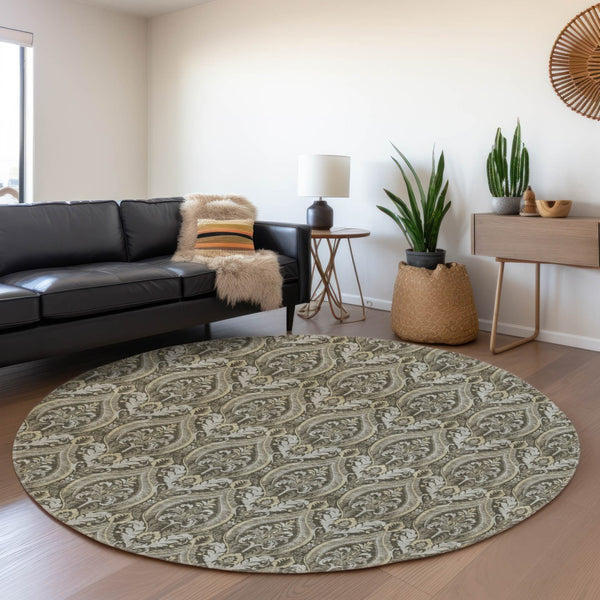 HomeRoots 8' Taupe and Ivory Floral Round Rug - Washable, UV-Protected, Stain-Resistant for Elegant Spaces 649795