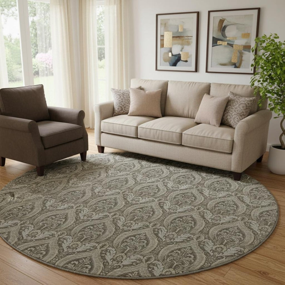 HomeRoots 8' Taupe and Ivory Floral Round Rug - Washable, UV-Protected, Stain-Resistant for Elegant Spaces 649795