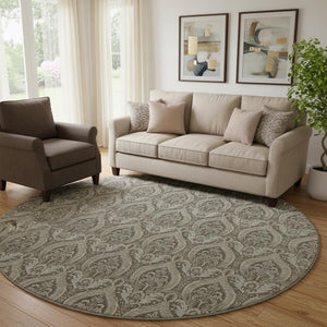 HomeRoots 8' Taupe and Ivory Floral Round Rug - Washable, UV-Protected, Stain-Resistant for Elegant Spaces 649795