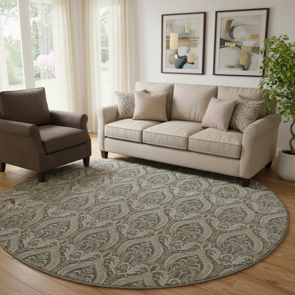 HomeRoots 8' Taupe and Ivory Floral Round Rug - Washable, UV-Protected, Stain-Resistant for Elegant Spaces 649795