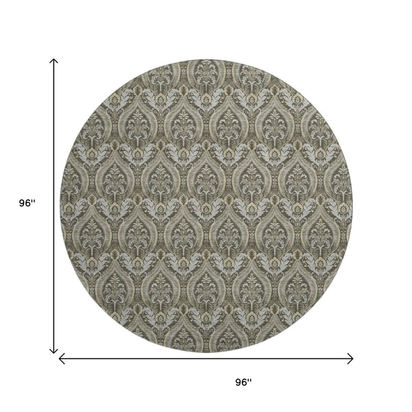 HomeRoots 8' Taupe and Ivory Floral Round Rug - Washable, UV-Protected, Stain-Resistant for Elegant Spaces 649795