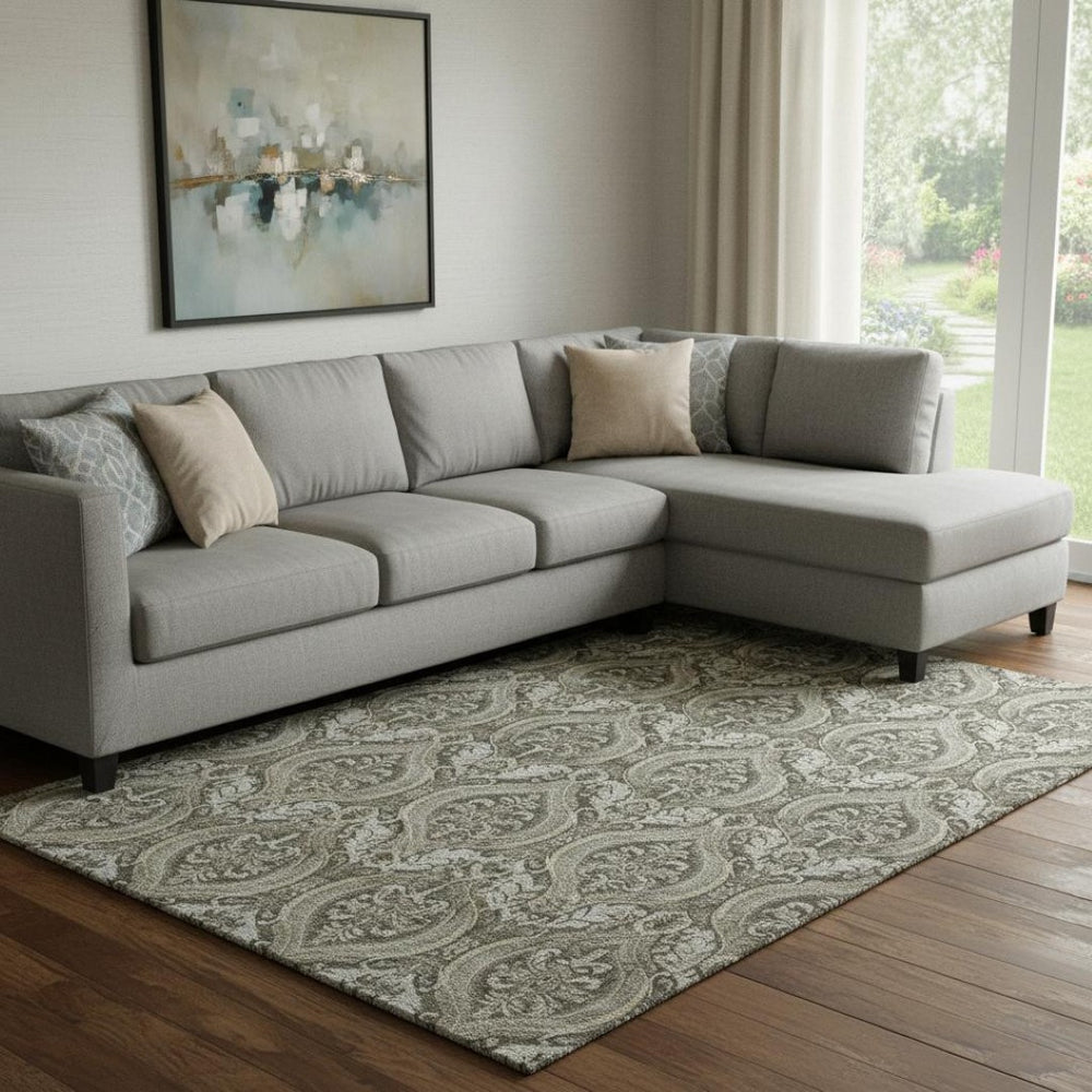 HomeRoots 8' X 10' Taupe and Ivory Floral Area Rug – Washable, UV Protected, Perfect for Family Homes! 649796