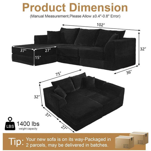 English Elm 102" Modular Cloud Sectional Corduroy Sofa with Reversible Chaise for Living Room Black W5638S00003