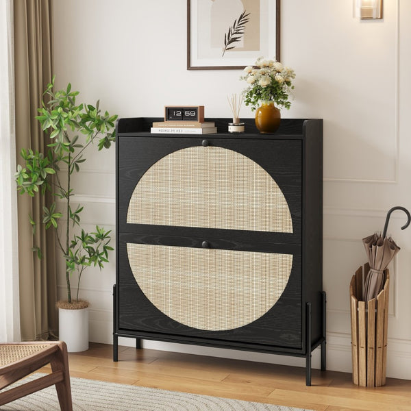 English Elm 2-drawer Rattan Front Shoe Cabinet Slim Entryway Organizer with Walnut Mdf Frame W5221P414214
