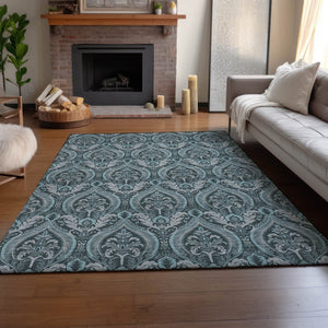 HomeRoots 5' X 8' Teal and Ivory Floral Area Rug – Stain Resistant, UV Protected, Easy Care for Active Homes! 649800