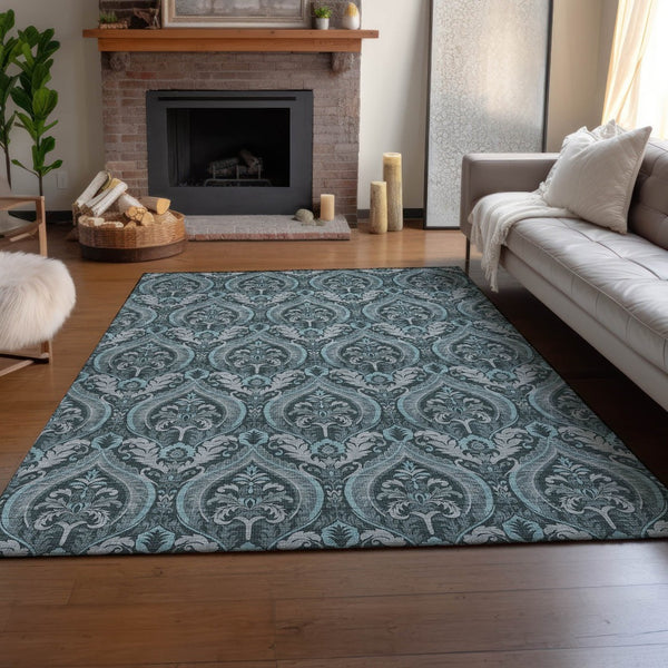 HomeRoots 5' X 8' Teal and Ivory Floral Area Rug – Stain Resistant, UV Protected, Easy Care for Active Homes! 649800