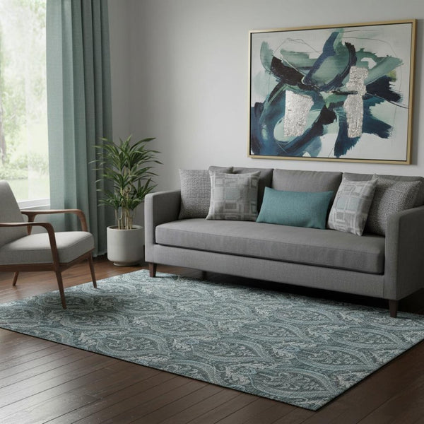 HomeRoots 5' X 8' Teal and Ivory Floral Area Rug – Stain Resistant, UV Protected, Easy Care for Active Homes! 649800