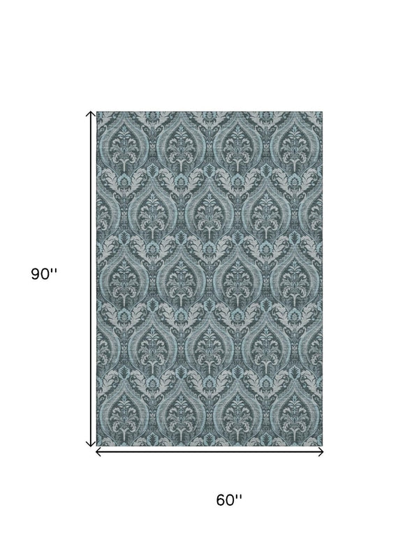 HomeRoots 5' X 8' Teal and Ivory Floral Area Rug – Stain Resistant, UV Protected, Easy Care for Active Homes! 649800
