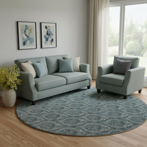 HomeRoots 8' Teal Floral Round Rug - Washable, UV Protected, Durable, and Stylish for Any Living Space 649801