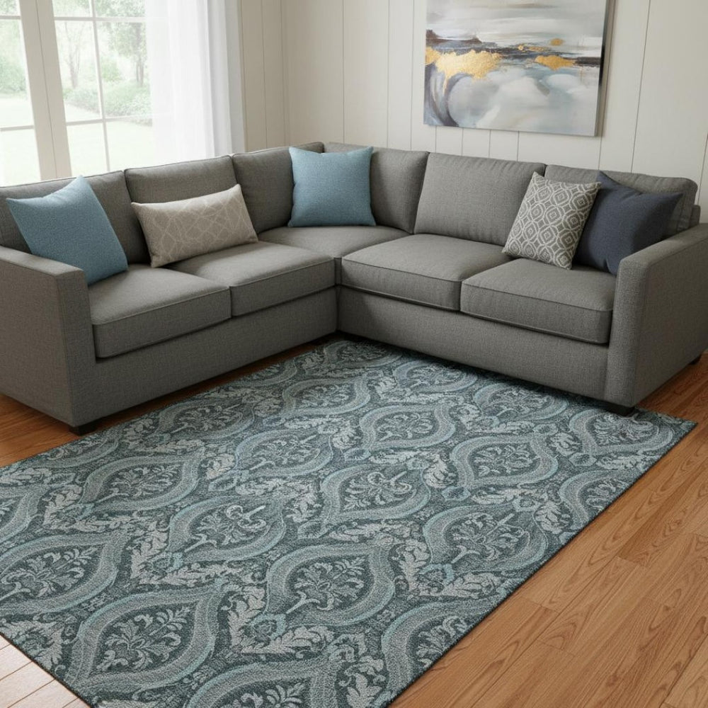 HomeRoots 10' X 14' Teal and Ivory Floral Washable Area Rug – UV Protected, Stain Resistant, Easy Care for Families 649804